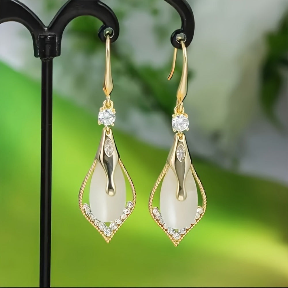 Cat Eye Teardrop Crystal Dangle Earrings 2 Pairs – Sparkling White & Purple CZ Drop Earrings for Women, Elegant Alloy Fashion Jewelry, Perfect for Party, Wedding & Daily Wear
