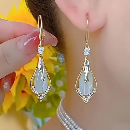 Cat Eye Teardrop Crystal Dangle Earrings 2 Pairs – Sparkling White & Purple CZ Drop Earrings for Women, Elegant Alloy Fashion Jewelry, Perfect for Party, Wedding & Daily Wear
