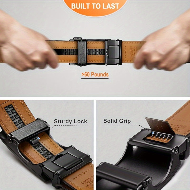 Men's Genuine Leather Ratchet Belt with American Flag Automatic Buckle – Adjustable Alloy Clasp in Black & Brown for Formal and Casual Wear