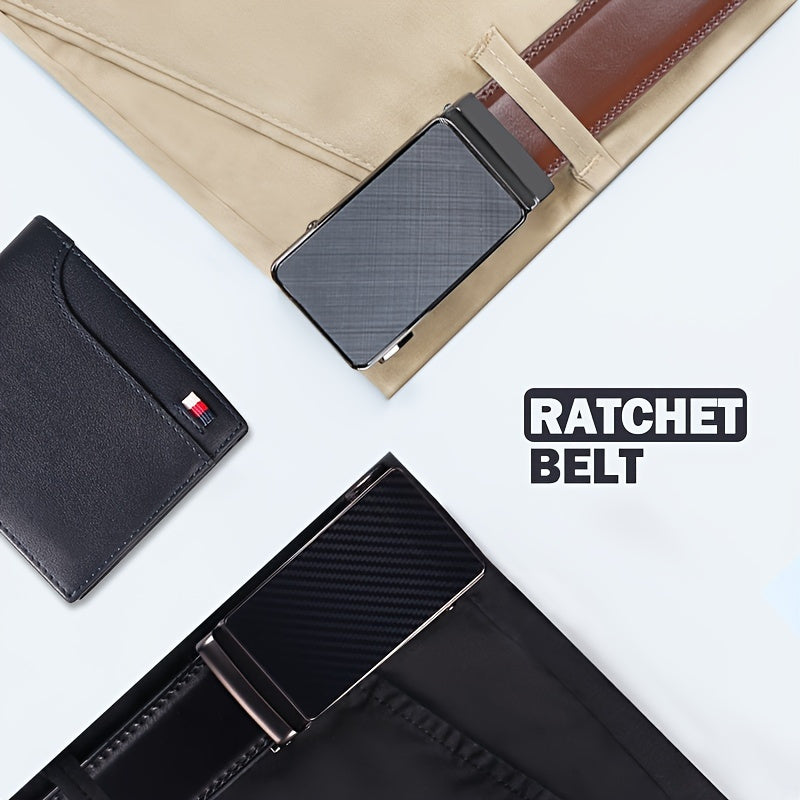 Men's Genuine Leather Ratchet Belt with American Flag Automatic Buckle – Adjustable Alloy Clasp in Black & Brown for Formal and Casual Wear