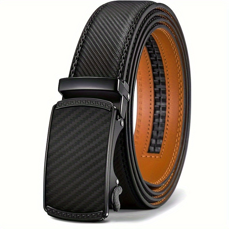 Men's Genuine Leather Ratchet Belt with American Flag Automatic Buckle – Adjustable Alloy Clasp in Black & Brown for Formal and Casual Wear
