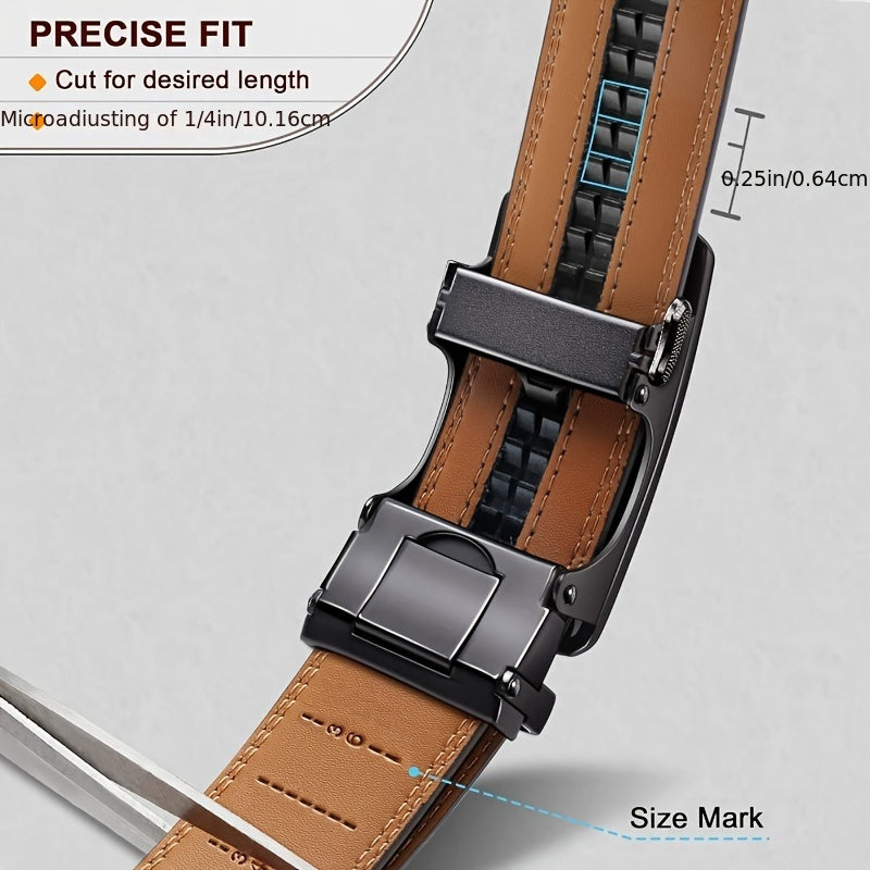 Men's Genuine Leather Ratchet Belt with American Flag Automatic Buckle – Adjustable Alloy Clasp in Black & Brown for Formal and Casual Wear
