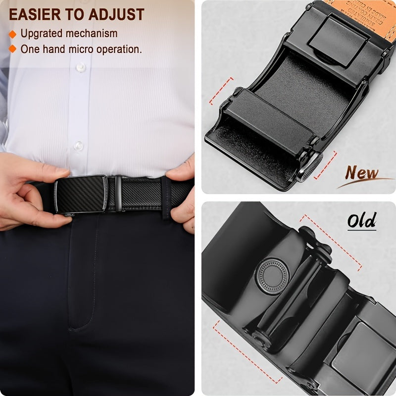 Men's Genuine Leather Ratchet Belt with American Flag Automatic Buckle – Adjustable Alloy Clasp in Black & Brown for Formal and Casual Wear