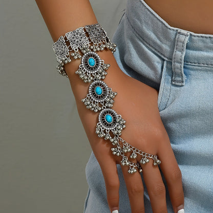 Turquoise Mitten Bracelet – Vintage Bollywood Boho Gemstone Hand Chain Jewelry for Women, Available in Turquoise & Created Emerald, Perfect for Festivals, Weddings & Everyday Boho Wear