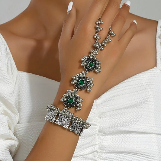 Turquoise Mitten Bracelet – Vintage Bollywood Boho Gemstone Hand Chain Jewelry for Women, Available in Turquoise & Created Emerald, Perfect for Festivals, Weddings & Everyday Boho Wear