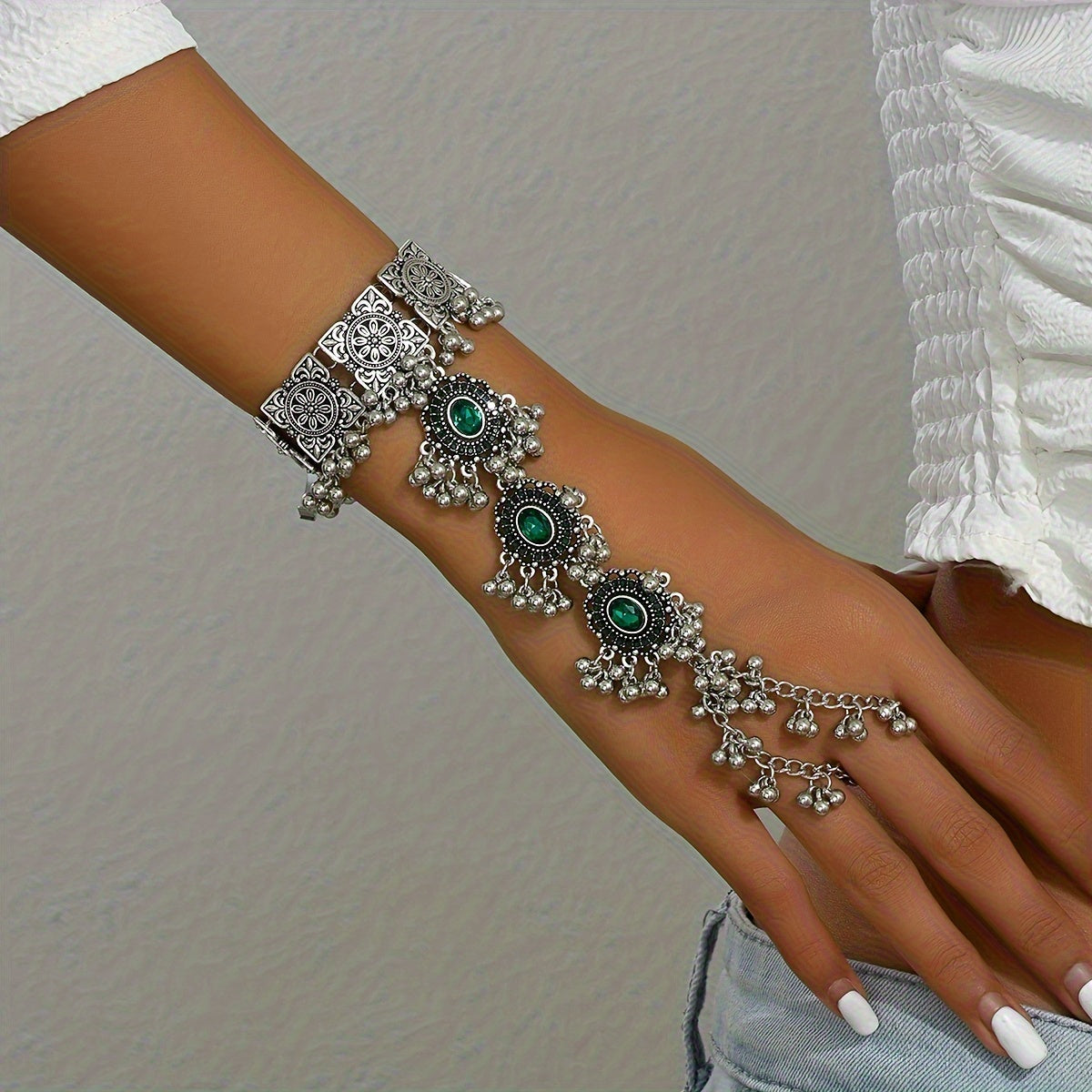 Turquoise Mitten Bracelet – Vintage Bollywood Boho Gemstone Hand Chain Jewelry for Women, Available in Turquoise & Created Emerald, Perfect for Festivals, Weddings & Everyday Boho Wear