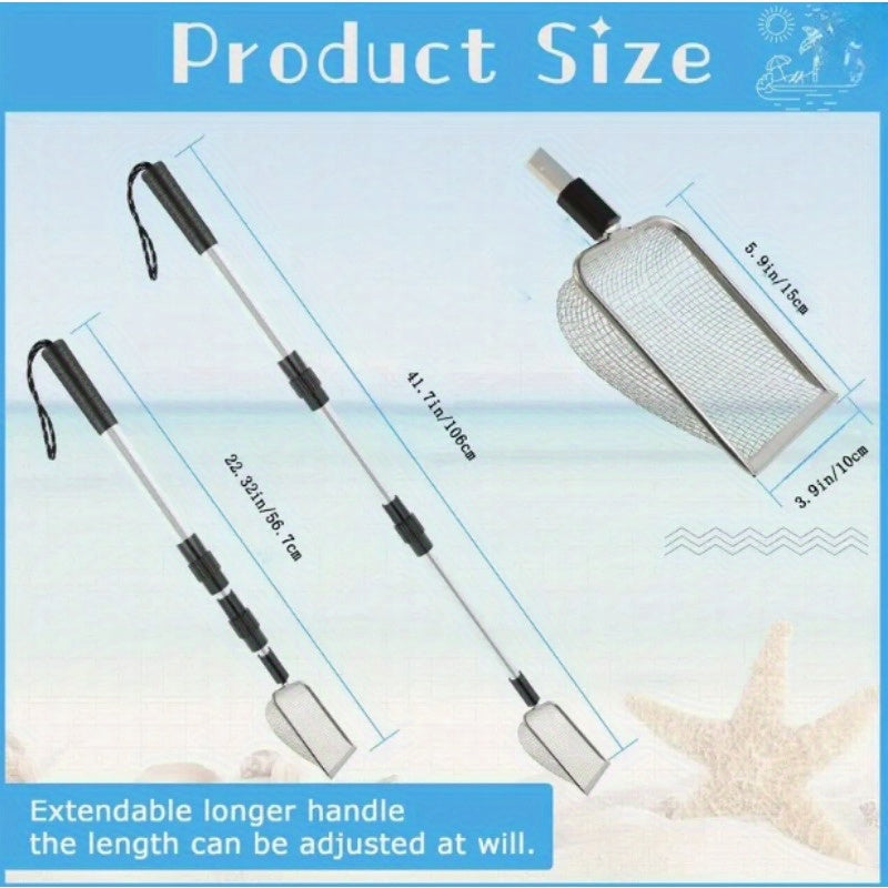 Stainless Steel Retractable Beach Sifter Scoop with Telescoping Handle – No-Bend Shell Collecting, Treasure Hunting & Beach Combing Tool | Also Works as Cat Litter Scoop (1 or 2 Pack)
