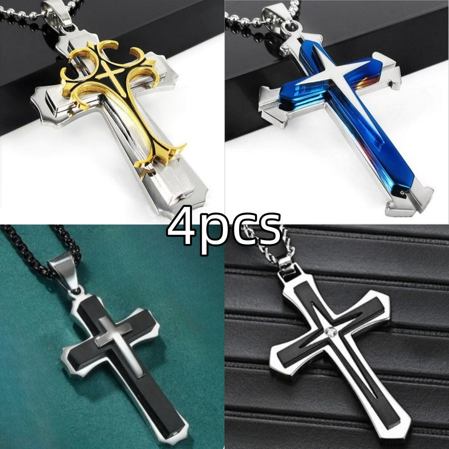 4-Piece Cross Necklace Set for Men Women – Fashionable Unisex Silver Cross Pendant Necklaces, Faith Jewelry Gift for Anniversary, Family, Relatives & Loved Ones
