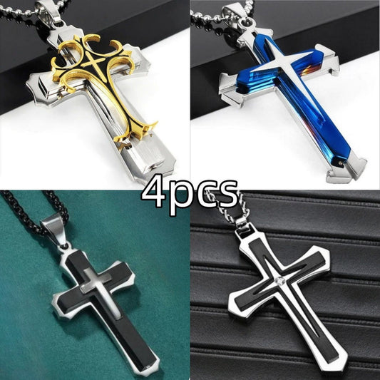 4-Piece Cross Necklace Set for Men Women – Fashionable Unisex Silver Cross Pendant Necklaces, Faith Jewelry Gift for Anniversary, Family, Relatives & Loved Ones