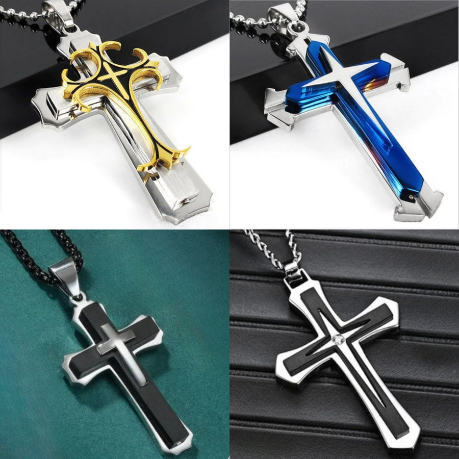 4-Piece Cross Necklace Set for Men Women – Fashionable Unisex Silver Cross Pendant Necklaces, Faith Jewelry Gift for Anniversary, Family, Relatives & Loved Ones