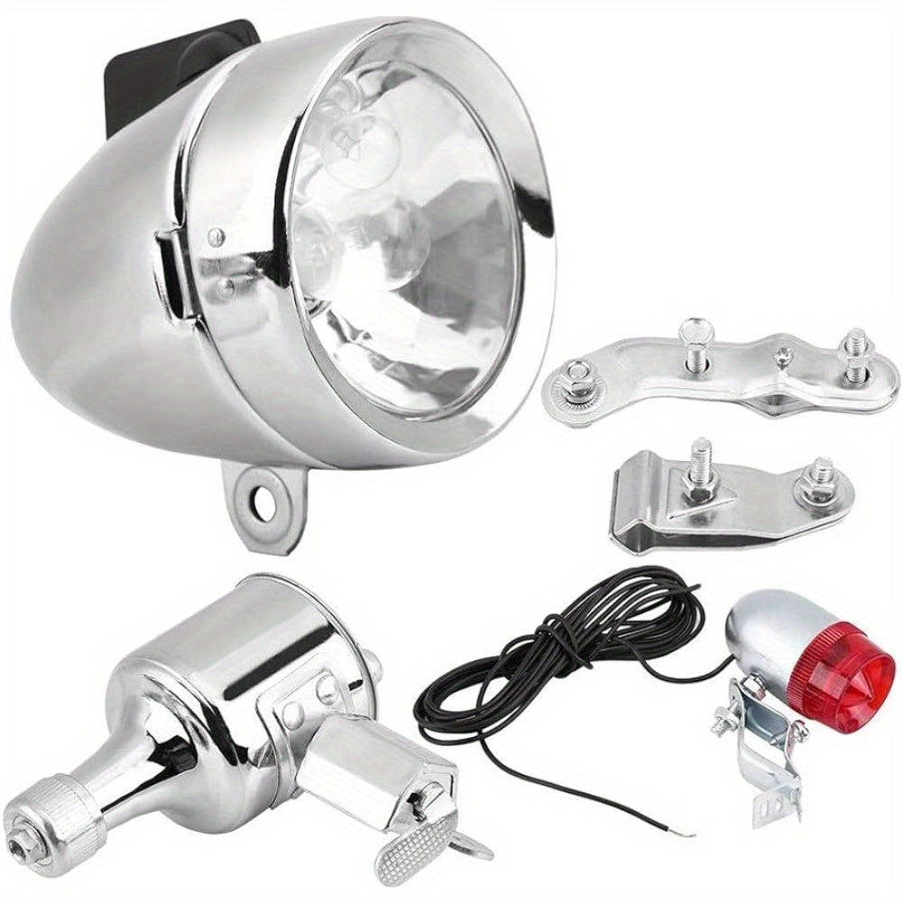 Bicycle Dynamo Headlight & Tail Light Kit 12V 6W Friction Generator – No Battery Needed, Fits Mountain Bike, Road Bike, BMX, Folding Bike, Kids Bike & More, Silver