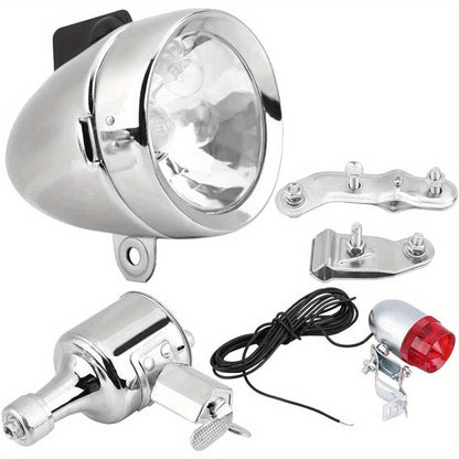 Bicycle Dynamo Headlight & Tail Light Kit 12V 6W Friction Generator – No Battery Needed, Fits Mountain Bike, Road Bike, BMX, Folding Bike, Kids Bike & More, Silver