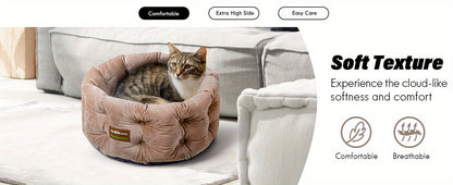 Round Velvet Cat Bed with Extra High Sides – Deep Nest Design, Machine Washable, Non-Slip Bottom, 20"x20"x8", for Indoor Cats & Small Pets Up to 15 lbs