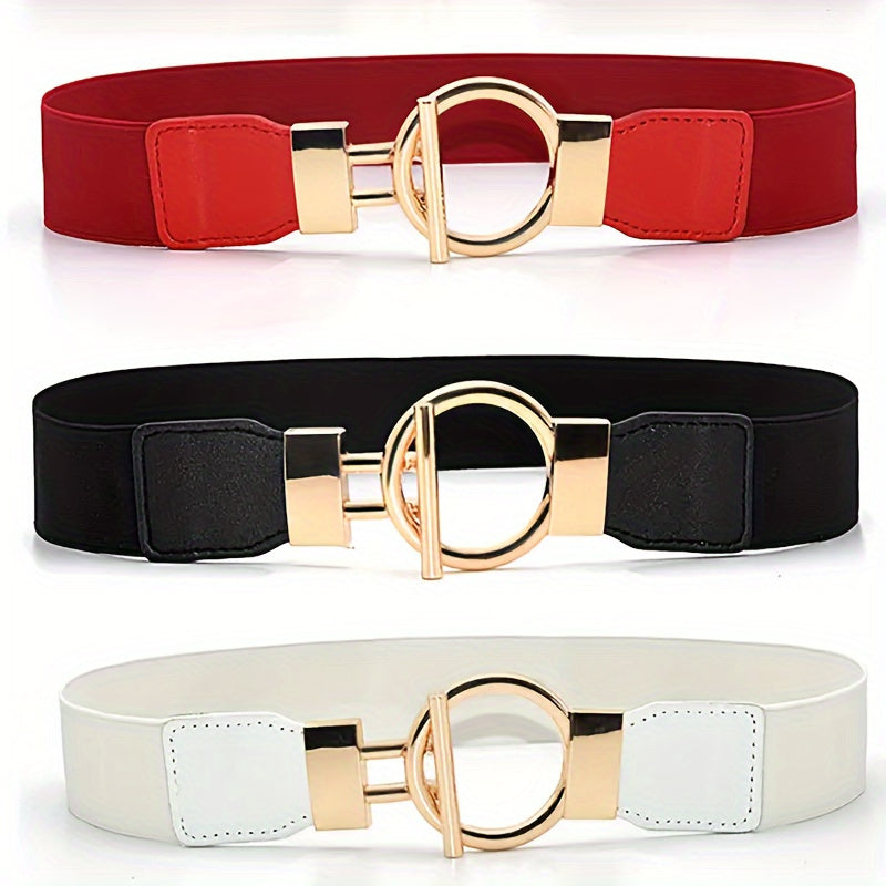 Women's Elastic Girdle Belt 3-Pack – Wide Waistband with Round Buckle, Classic Solid Color Stretch Waist Belt Set (Black, Red & White) for Dresses, Outerwear & Daily Outfits