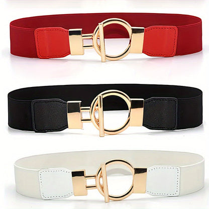 Women's Elastic Girdle Belt 3-Pack – Wide Waistband with Round Buckle, Classic Solid Color Stretch Waist Belt Set (Black, Red & White) for Dresses, Outerwear & Daily Outfits