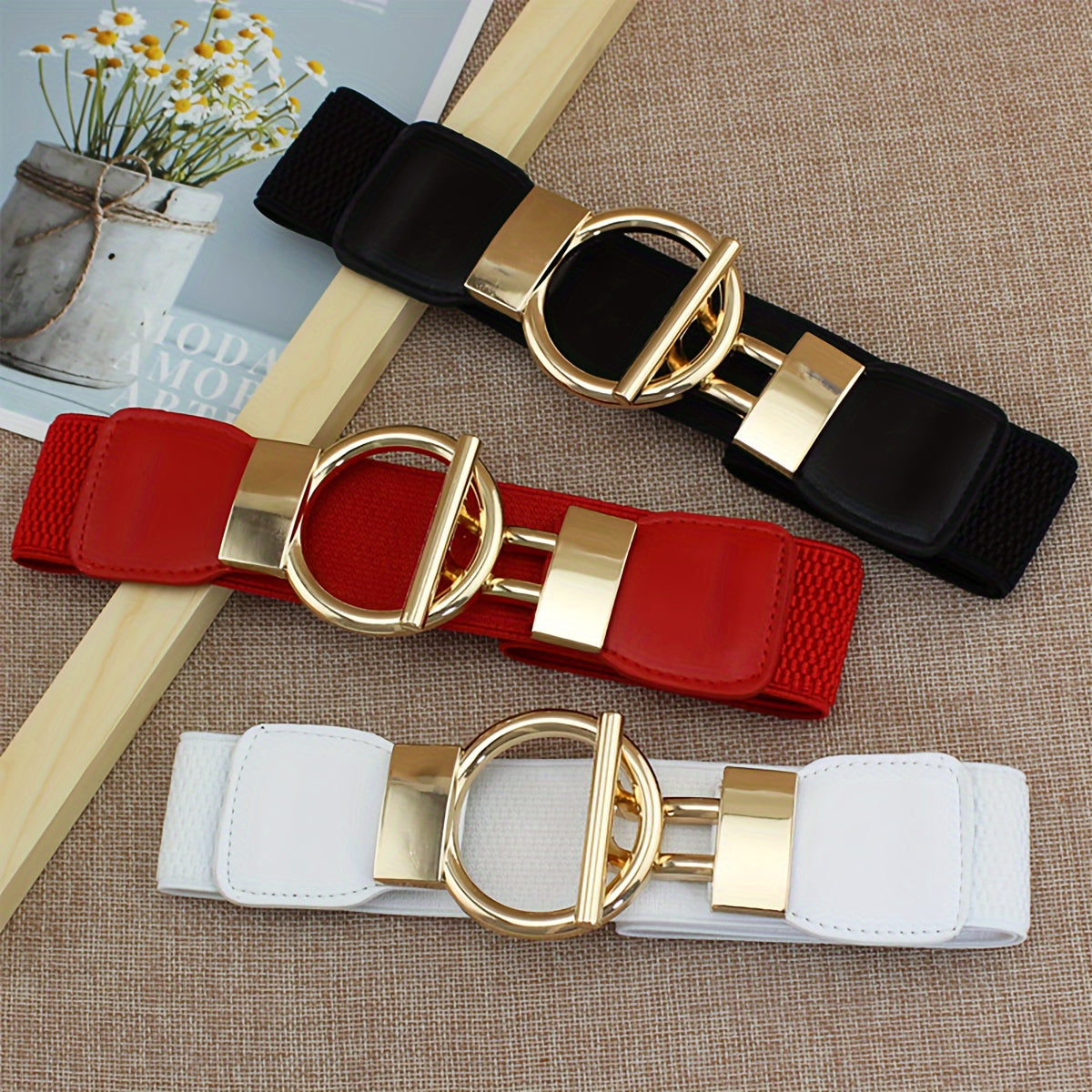 Women's Elastic Girdle Belt 3-Pack – Wide Waistband with Round Buckle, Classic Solid Color Stretch Waist Belt Set (Black, Red & White) for Dresses, Outerwear & Daily Outfits
