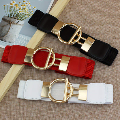 Women's Elastic Girdle Belt 3-Pack – Wide Waistband with Round Buckle, Classic Solid Color Stretch Waist Belt Set (Black, Red & White) for Dresses, Outerwear & Daily Outfits
