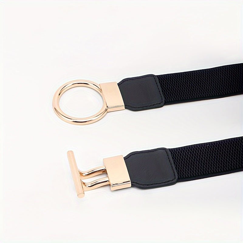 Women's Elastic Girdle Belt 3-Pack – Wide Waistband with Round Buckle, Classic Solid Color Stretch Waist Belt Set (Black, Red & White) for Dresses, Outerwear & Daily Outfits