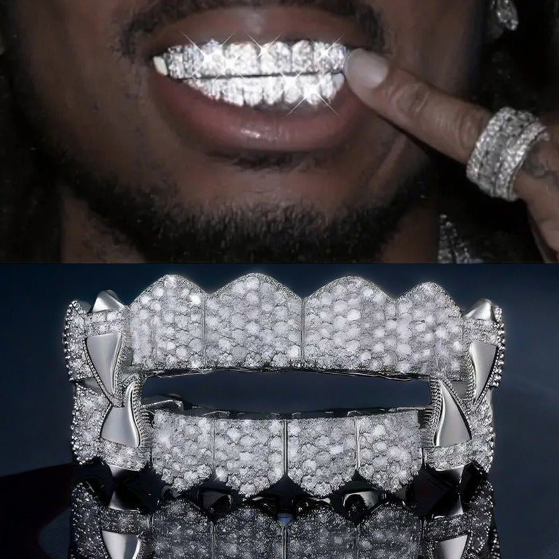16 Teeth Hip Hop Grillz Upper & Lower Set – Bling Silver Gold Punk Style Teeth Grills for Rap, Cosplay, Halloween & Performance