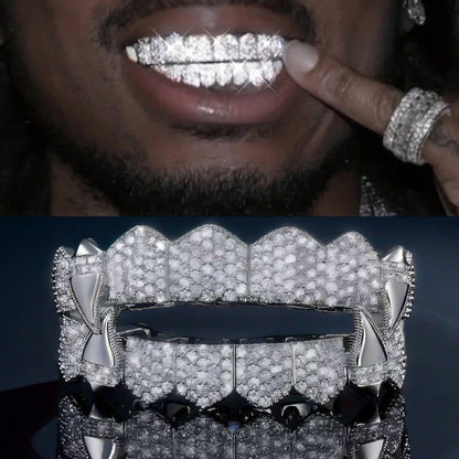 16 Teeth Hip Hop Grillz Upper & Lower Set – Bling Silver Gold Punk Style Teeth Grills for Rap, Cosplay, Halloween & Performance