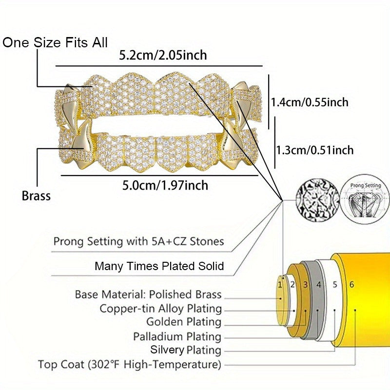 16 Teeth Hip Hop Grillz Upper & Lower Set – Bling Silver Gold Punk Style Teeth Grills for Rap, Cosplay, Halloween & Performance