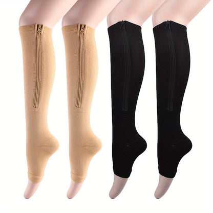 Zipper Compression Socks with Side Zipper for Men & Women – Easy On Off Breathable Support Socks for Tired Swollen Feet, 50% Nylon 50% Polyester, Black & Light Beige, S/M & L/XL