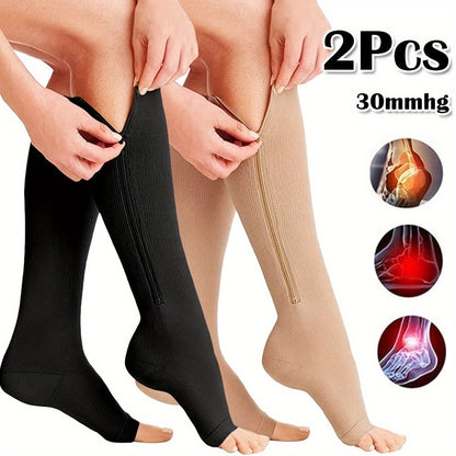 Zipper Compression Socks with Side Zipper for Men & Women – Easy On Off Breathable Support Socks for Tired Swollen Feet, 50% Nylon 50% Polyester, Black & Light Beige, S/M & L/XL