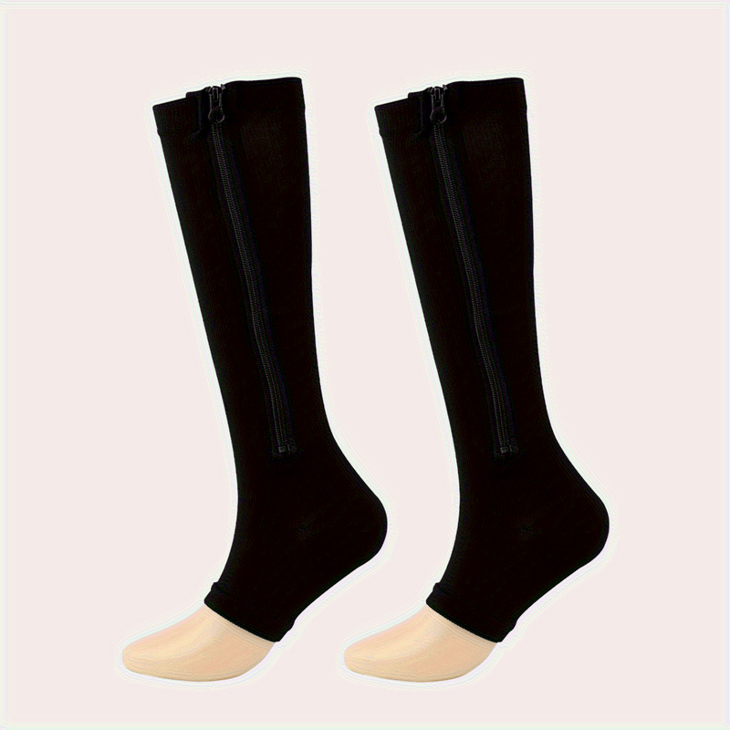 Zipper Compression Socks with Side Zipper for Men & Women – Easy On Off Breathable Support Socks for Tired Swollen Feet, 50% Nylon 50% Polyester, Black & Light Beige, S/M & L/XL