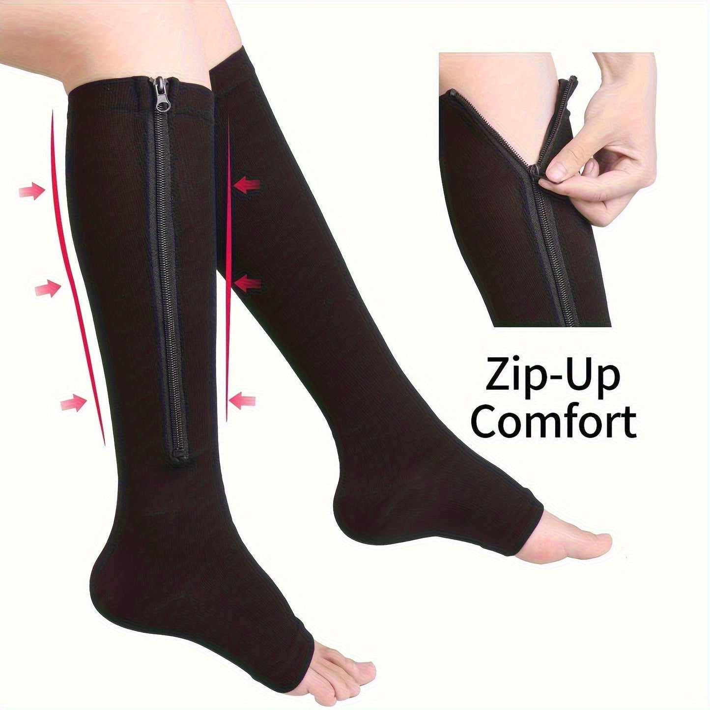 Zipper Compression Socks with Side Zipper for Men & Women – Easy On Off Breathable Support Socks for Tired Swollen Feet, 50% Nylon 50% Polyester, Black & Light Beige, S/M & L/XL