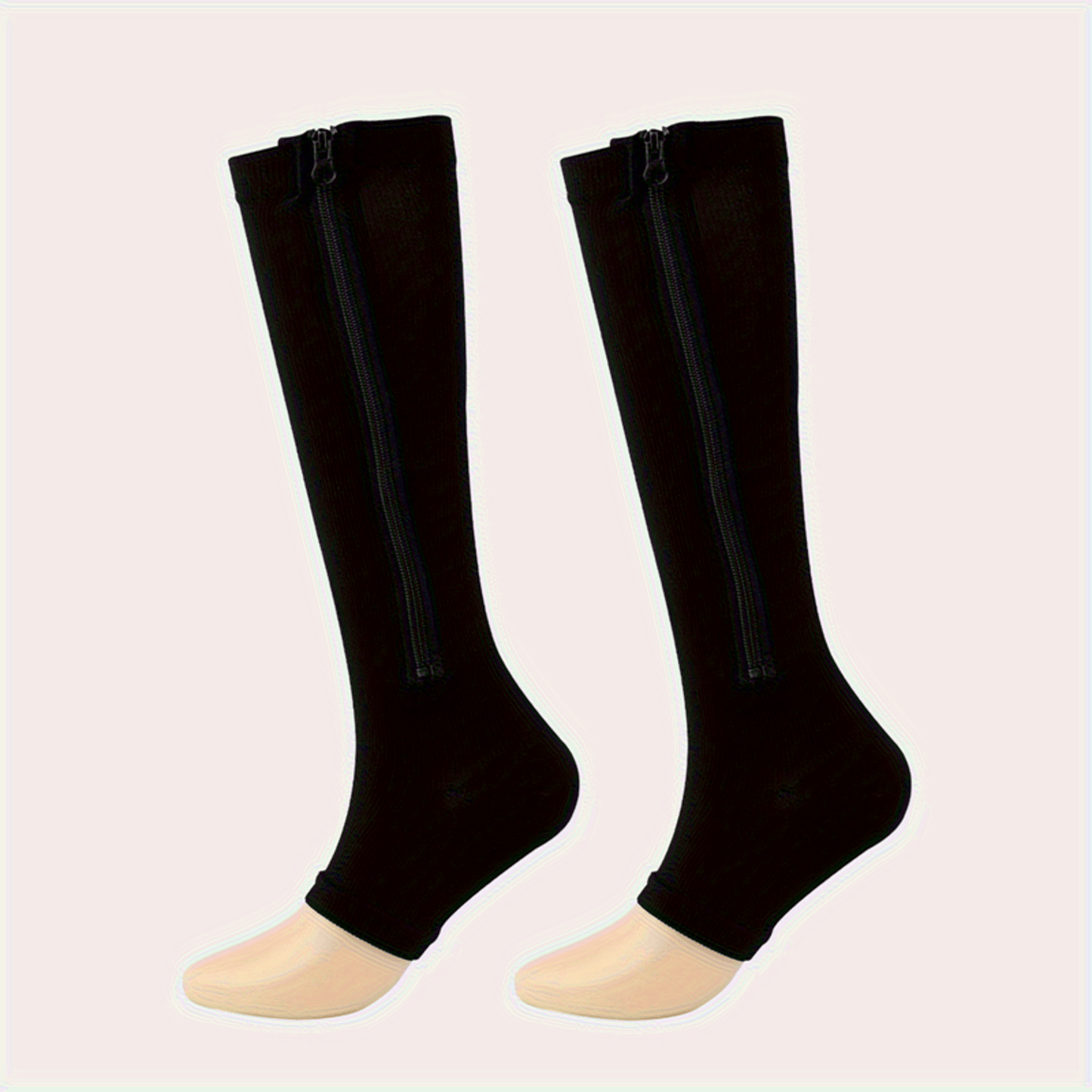Zipper Compression Socks with Side Zipper for Men & Women – Easy On Off Breathable Support Socks for Tired Swollen Feet, 50% Nylon 50% Polyester, Black & Light Beige, S/M & L/XL