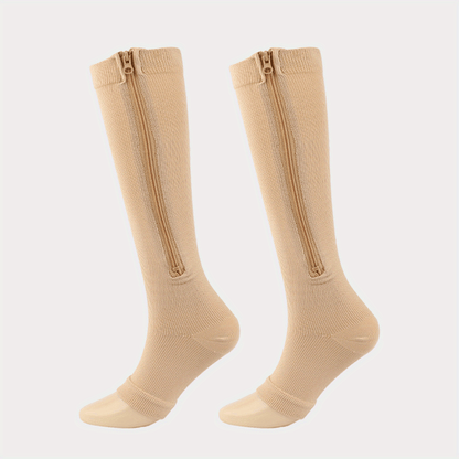 Zipper Compression Socks with Side Zipper for Men & Women – Easy On Off Breathable Support Socks for Tired Swollen Feet, 50% Nylon 50% Polyester, Black & Light Beige, S/M & L/XL