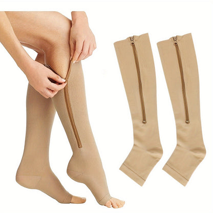 Zipper Compression Socks with Side Zipper for Men & Women – Easy On Off Breathable Support Socks for Tired Swollen Feet, 50% Nylon 50% Polyester, Black & Light Beige, S/M & L/XL