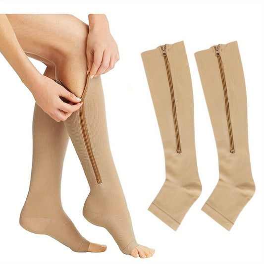 Zipper Compression Socks with Side Zipper for Men & Women – Easy On Off Breathable Support Socks for Tired Swollen Feet, 50% Nylon 50% Polyester, Black & Light Beige, S/M & L/XL