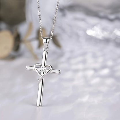 925 Sterling Silver Heart Cross Pendant Necklace for Women – Zirconia Inlaid Hypoallergenic Elegant Jewelry, Sparkling CZ Diamond Cross Heart Charm, Perfect for Daily Wear, Gift for Her