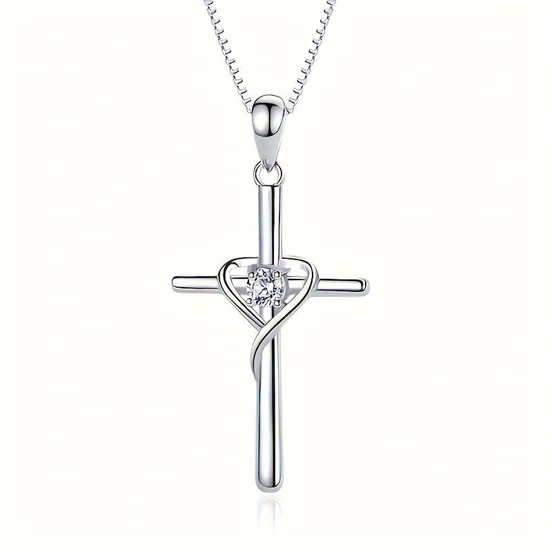 925 Sterling Silver Heart Cross Pendant Necklace for Women – Zirconia Inlaid Hypoallergenic Elegant Jewelry, Sparkling CZ Diamond Cross Heart Charm, Perfect for Daily Wear, Gift for Her