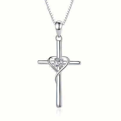 925 Sterling Silver Heart Cross Pendant Necklace for Women – Zirconia Inlaid Hypoallergenic Elegant Jewelry, Sparkling CZ Diamond Cross Heart Charm, Perfect for Daily Wear, Gift for Her