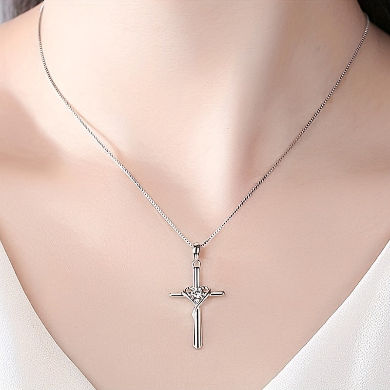 925 Sterling Silver Heart Cross Pendant Necklace for Women – Zirconia Inlaid Hypoallergenic Elegant Jewelry, Sparkling CZ Diamond Cross Heart Charm, Perfect for Daily Wear, Gift for Her