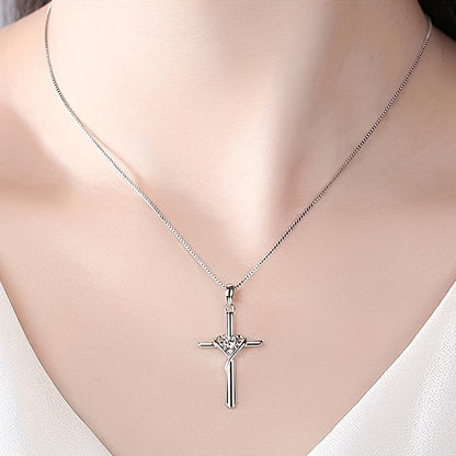 925 Sterling Silver Heart Cross Pendant Necklace for Women – Zirconia Inlaid Hypoallergenic Elegant Jewelry, Sparkling CZ Diamond Cross Heart Charm, Perfect for Daily Wear, Gift for Her