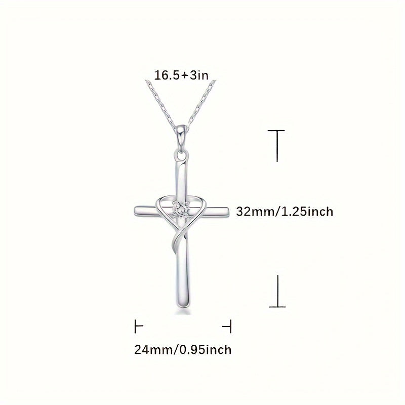 925 Sterling Silver Heart Cross Pendant Necklace for Women – Zirconia Inlaid Hypoallergenic Elegant Jewelry, Sparkling CZ Diamond Cross Heart Charm, Perfect for Daily Wear, Gift for Her