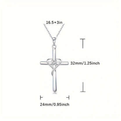 925 Sterling Silver Heart Cross Pendant Necklace for Women – Zirconia Inlaid Hypoallergenic Elegant Jewelry, Sparkling CZ Diamond Cross Heart Charm, Perfect for Daily Wear, Gift for Her