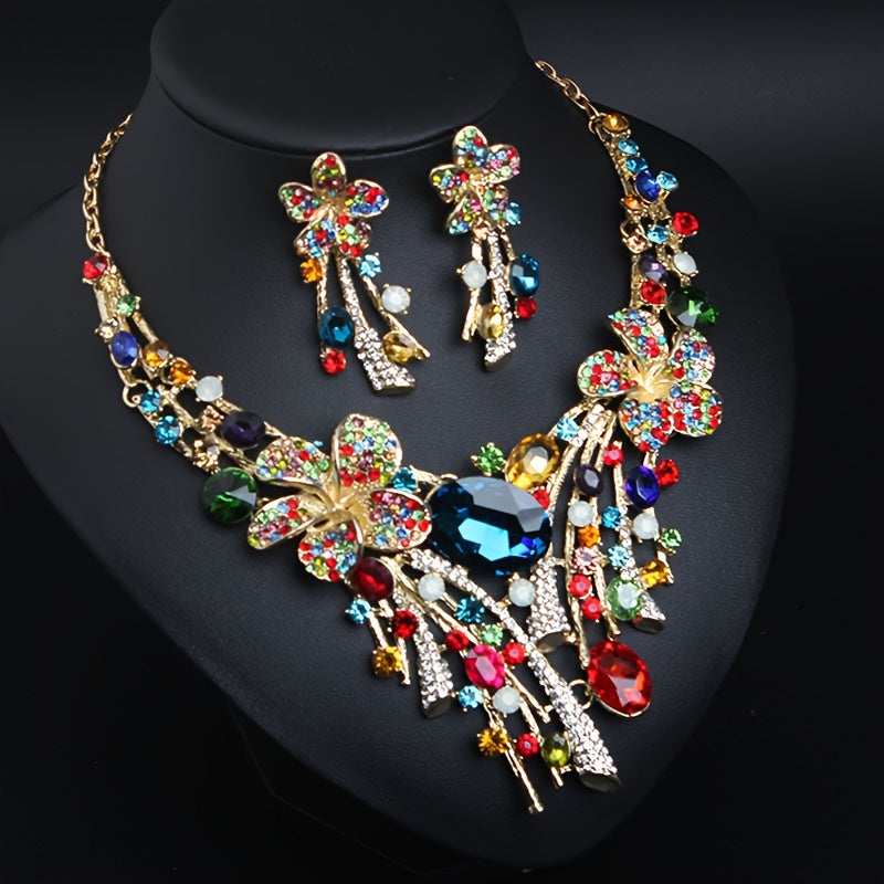 Bohemian Flower Necklace & Earrings Set for Women – 3-Piece Colorful Glass Mosaic Fashion Jewelry, Vibrant Boho Style, Perfect Gift for Parties, Weddings & Special Occasions