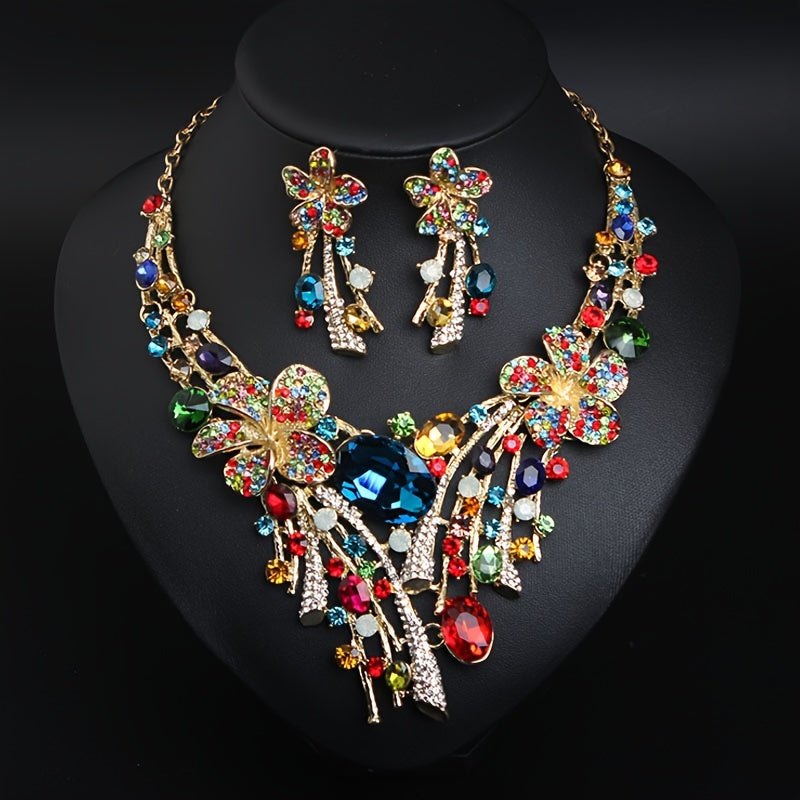 Bohemian Flower Necklace & Earrings Set for Women – 3-Piece Colorful Glass Mosaic Fashion Jewelry, Vibrant Boho Style, Perfect Gift for Parties, Weddings & Special Occasions