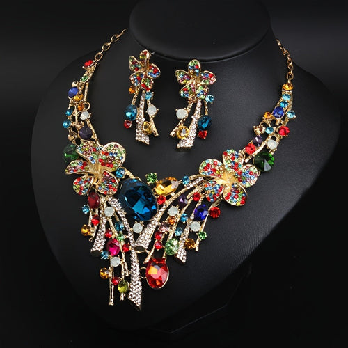 Bohemian Flower Necklace & Earrings Set for Women – 3-Piece Colorful Glass Mosaic Fashion Jewelry, Vibrant Boho Style, Perfect Gift for Parties, Weddings & Special Occasions