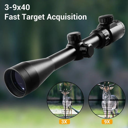 3-9x40 Rifle Scope with Red & Green Illuminated Reticle – Reinforced Aluminum Alloy Tactical Riflescope with 4-Hole Mounting System for Hunting, Shooting & Outdoor Use