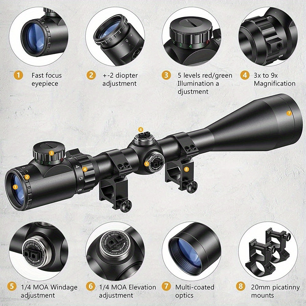 3-9x40 Rifle Scope with Red & Green Illuminated Reticle – Reinforced Aluminum Alloy Tactical Riflescope with 4-Hole Mounting System for Hunting, Shooting & Outdoor Use