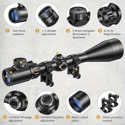 3-9x40 Rifle Scope with Red & Green Illuminated Reticle – Reinforced Aluminum Alloy Tactical Riflescope with 4-Hole Mounting System for Hunting, Shooting & Outdoor Use