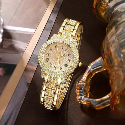 Women's Rhinestone Fashion Watch Jewelry Set – Gold Tone Wristwatch with Matching Ring, Necklace, Earrings & Bracelet, Elegant Ladies Casual Dress Watch Gift Set