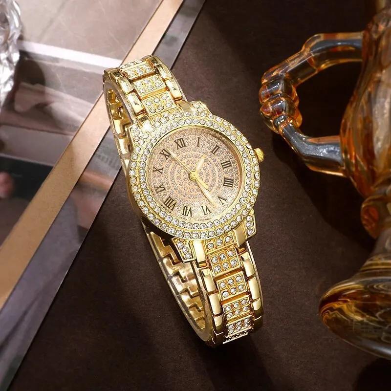 Women's Rhinestone Fashion Watch Jewelry Set – Gold Tone Wristwatch with Matching Ring, Necklace, Earrings & Bracelet, Elegant Ladies Casual Dress Watch Gift Set