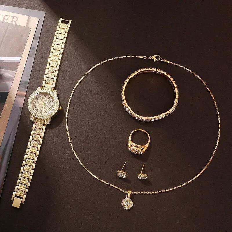 Women's Rhinestone Fashion Watch Jewelry Set – Gold Tone Wristwatch with Matching Ring, Necklace, Earrings & Bracelet, Elegant Ladies Casual Dress Watch Gift Set