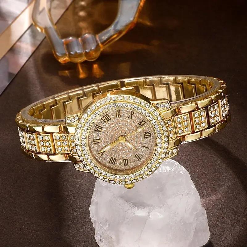 Women's Rhinestone Fashion Watch Jewelry Set – Gold Tone Wristwatch with Matching Ring, Necklace, Earrings & Bracelet, Elegant Ladies Casual Dress Watch Gift Set